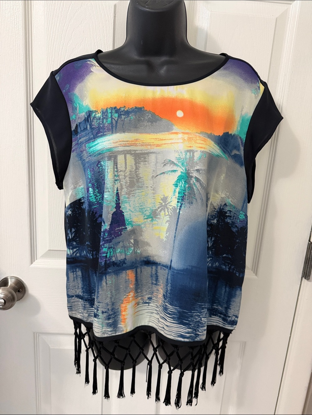 Nicole by Nicole Miller Sunset Print Fringe Hem Top - Black/Orange/Blue polyeste